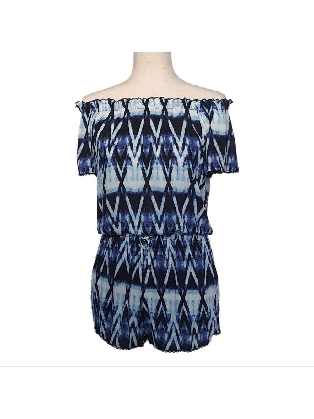 Beach Romper Bue Off the Shoulder Tie Dye Playsuit with Pockets Womens S